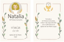 Recordatorio de comunión con diseño vintage en tonos beige y estampado floral.