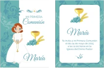 Recordatorio con símbolos religiosos dorados para comunión.