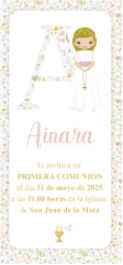 Recordatorio de comunión con diseño vintage en tonos beige y estampado floral.