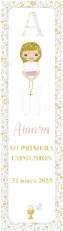Recordatorio de comunión con diseño vintage en tonos beige y estampado floral.