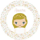 Recordatorio de comunión con diseño vintage en tonos beige y estampado floral.