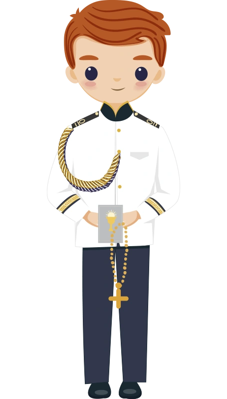 Traje de comunión de la Armada con diseño formal en tonos azul marino y dorado.