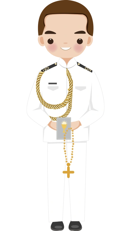 Traje de comunión inspirado en la Armada, en blanco con detalles dorados.